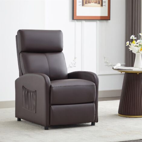 Push Back Recliner Chair w/Lumbar Support, Padded Backrest and Side Pocket BROWN PU