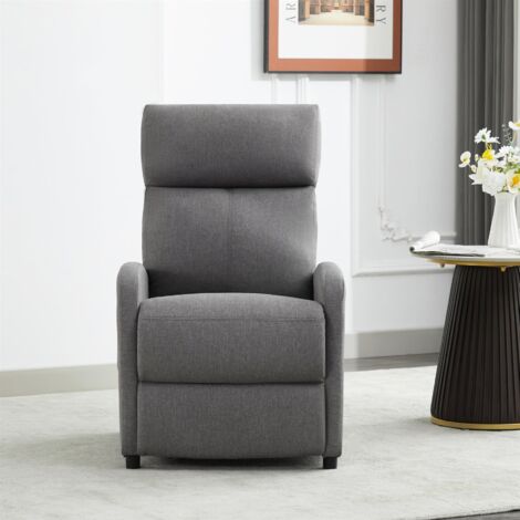 Push Back Recliner Chair w/Lumbar Support, Padded Backrest and Side Pocket GREY LINEN
