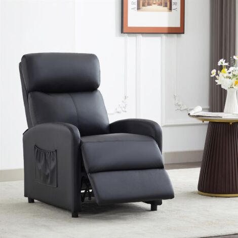 Push Back Recliner Chair w/Lumbar Support, Padded Backrest and Side Pocket BLACK PU