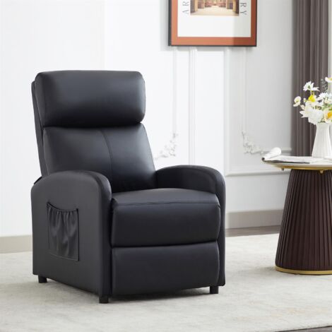 Push Back Recliner Chair w/Lumbar Support, Padded Backrest and Side Pocket BLACK PU