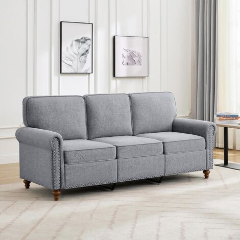 mcc direct 3 Seater Sofa, Couch Linen Fabric Settee for Living Room, Bedroom, Guest Room, Office - Studded GREY