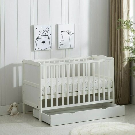 Wooden Baby Cot Bed & Drawer & Aloe Vera Mattress (Orlando with Drawer) WHITE