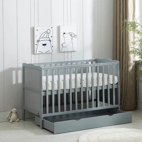Wooden Baby Cot Bed & Drawer & Aloe Vera Mattress (Orlando with Drawer) GREY