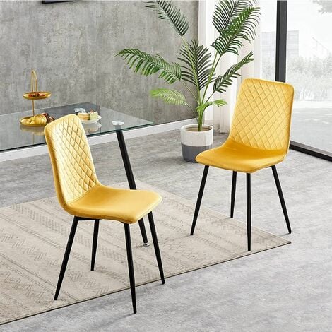 Set of 2 Designer Velvet Fabric Dining Chairs Metal Legs Lexi Chairs YELLOW