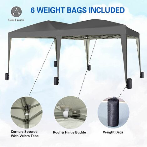 Pop-up Gazebo 3m x 6m with Wind Bars & 6 Weight Bags & Silver Protective Layer Waterproof Marquee Canopy Grey ns