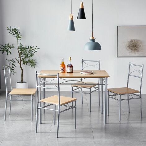 Dining Table and Chairs Set Metal Wood Effect Table Dining Set 4 Chairs Silvia NATURAL (1/5)