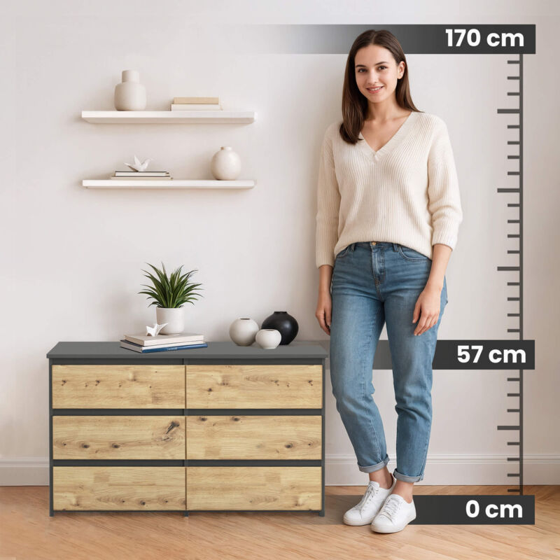 Commode AKORD CL-100 6 Tiroirs - 100x57x35 Cm - Gris Graphite & Chêne - Meuble Rangement Salon/Chambre