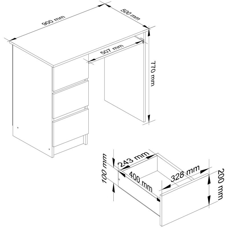 Bureau informatique AKORD gauche A6 blanc 90 cm bureau d'ordinateur (3)  tiroirs couleur Chêne Sonoma , 1 étagère - 90x50x77 cm - Cdiscount Maison