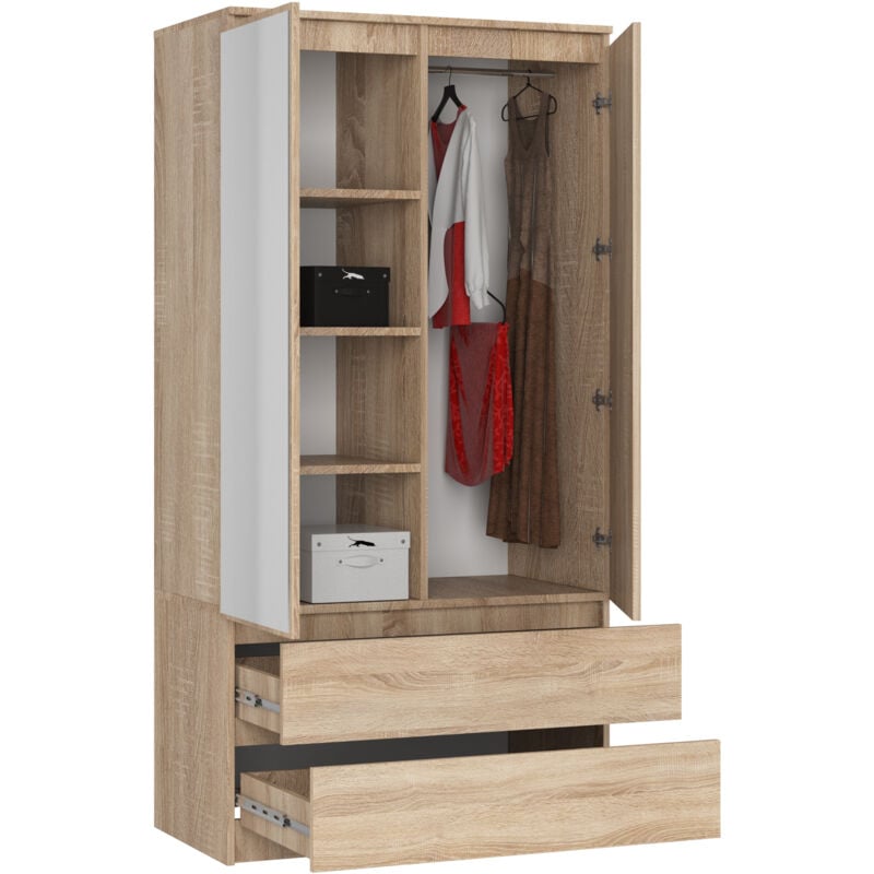 Armoire AKORD S90 avec miroir Chêne Sonoma 90 cm 2 portes 2 tiroirs façade Chêne Sonoma 4 étagères 90x51x180 cm 2