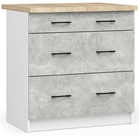 Armoires de cuisine basse AKORD S80 OLIWIA Blanc 80 cm 3 tiroirs façade Béton 80x46x85 cm