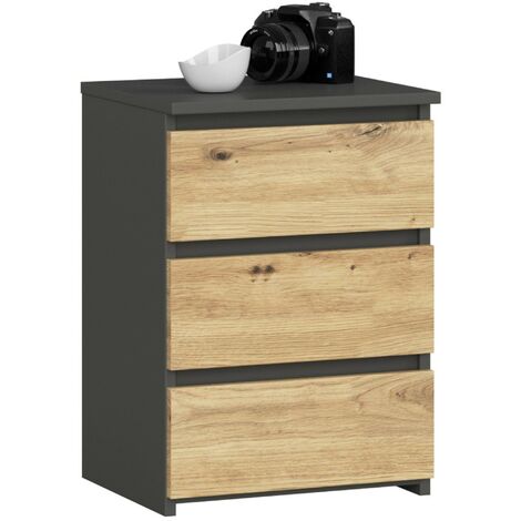 Akord – Table de chevet 3 tiroirs – Façade chêne artisan – Corps gris graphite – Dimensions 40x35x57 cm – Panneau stratifié durable