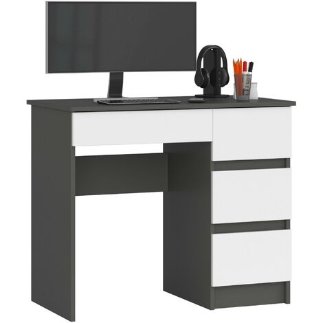 Bureau d'ordinateur AKORD droit A7 Gris Graphite 90 cm 4 tiroirs façade Blanche 90x50x77 cm