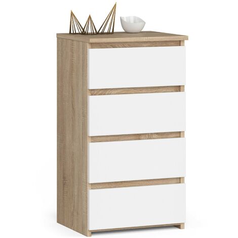 Akord – Commode 4 tiroirs chêne sonoma 40x35x74 cm – Façade blanche mat – Panneau laminé KRONOSPAN – Conception résistante à l'abrasion