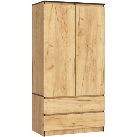 Armoire AKORD S90 Chêne Craft 90 cm 2 portes 2 tiroirs façade Chêne Craft 4 étagères 90x51x180 cm