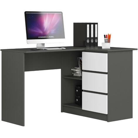 Akord – Bureau d'angle 124 cm – 3 tiroirs et 2 étagères – Panneau stratifié gris graphite – Dimensions 124x85x77 cm