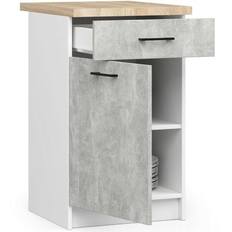 Meuble de cuisine bas AKORD S50 OLIWIA modulable Blanc 50 cm 1 porte 1 tiroir façade Béton 2 étagères 50x46x85 cm