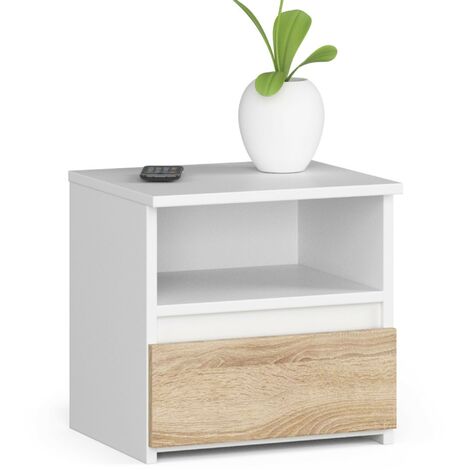 Akord – Table de chevet blanche 40 cm – 1 tiroir façade chêne sonoma – 1 étagère – Panneau stratifié – Dimensions 40x35x40 cm (1/5)