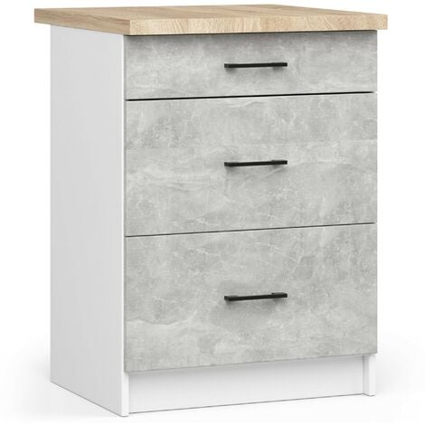 Meuble de cuisine bas AKORD S60 OLIWIA modulable Blanc 60 cm 3 tiroirs façade Béton 60x46x85 cm