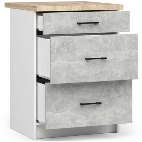 Meuble de cuisine bas AKORD S60 OLIWIA modulable Blanc 60 cm 3 tiroirs façade Béton 60x46x85 cm