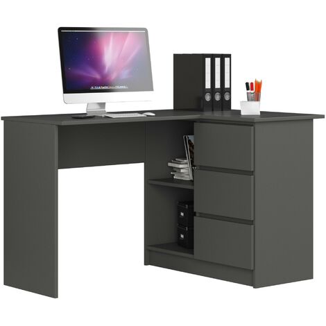 Akord – Bureau d'angle 124 cm – 3 tiroirs et 2 étagères – Panneau stratifié gris graphite – Dimensions 124x85x77 cm