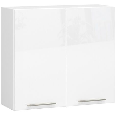 Meuble de cuisine haut blanc laqué 2 portes 3 étagères L 80 x H 72