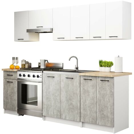 Akord – Ensemble de cuisine complète 240 cm – 11 portes, 1 tiroir – Façade béton – Dimensions 240x46x203 cm – Panneau stratifié