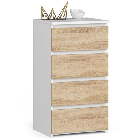 Akord – Commode 4 tiroirs blanche 40x35x74 cm – Façade chêne sonoma – Panneau stratifié – Assemblage facile