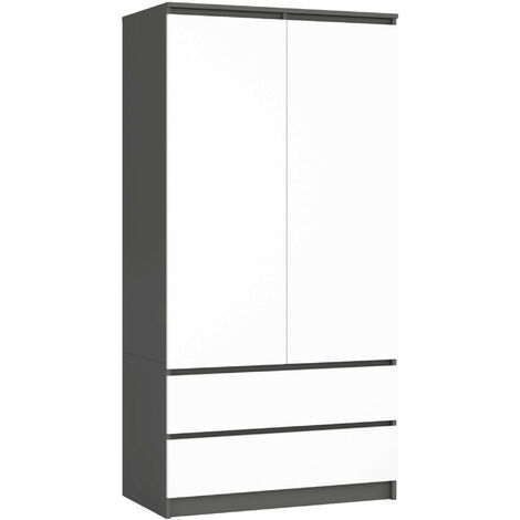 Armoire AKORD S90 Gris Graphite 90 cm 2 portes 2 tiroirs façade Blanche 4 étagères 90x51x180 cm