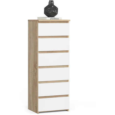 Akord – Commode 6 tiroirs chêne sonoma 40x35x109 cm – Façade blanche mate – Rangement compact pour espaces restreints