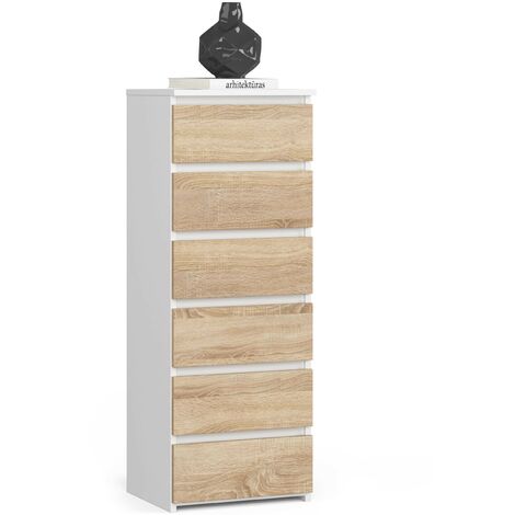 Akord – Commode 6 tiroirs blanche 40 cm – Façade chêne sonoma – Dimensions 40x35x109 cm – Panneau stratifié – Limiteur d'extension de tiroir