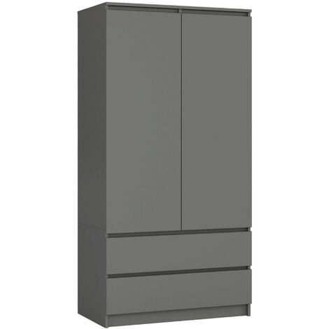Akord – Armoire enfant 90 cm – 2 portes battantes – 2 tiroirs avec guides à rouleaux – 4 étagères – Panneau stratifié gris graphite 180 cm