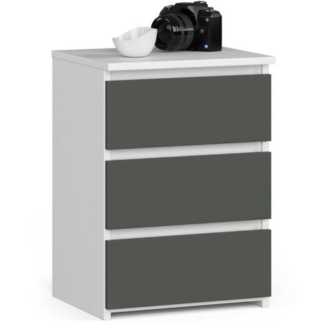 Table de chevet AKORD CL3 Blanche 40 cm 3 tiroirs façade Gris Graphite 40x35x57 cm