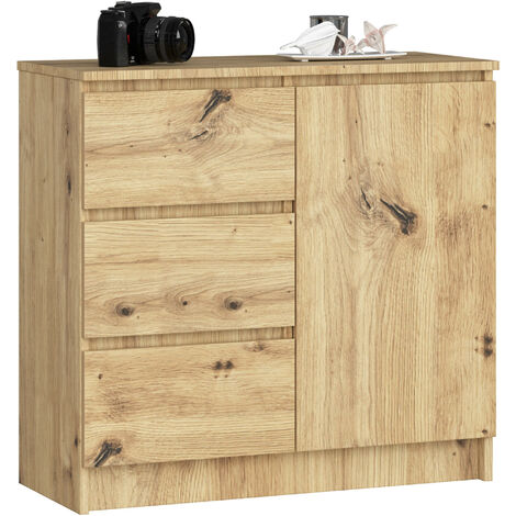 Akord – Commode 80 cm 1 porte 3 tiroirs chêne artisan – 2 étagères – Panneau stratifié – Dimensions 80x35x77 cm (1/5)
