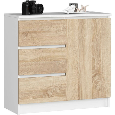 Akord – Commode blanche 80 cm – 1 porte – 3 tiroirs – Chêne Sonoma – 2 étagères – Dimensions 80x35x77 cm – Panneau stratifié
