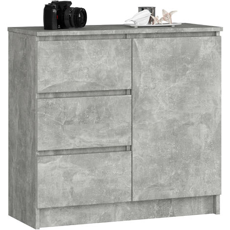 Akord – Commode enfant béton 80 cm – 1 porte, 3 tiroirs, 2 étagères – Dimensions 80x35x77 cm – Panneau stratifié, finition mate
