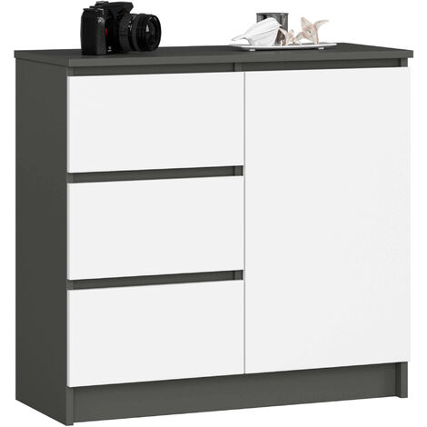 Akord – Commode enfant 80 cm – 1 porte – 3 tiroirs – 2 étagères – Panneau stratifié gris graphite et blanc – Dimensions 80x35x77 cm