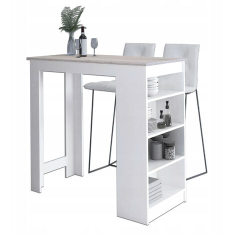 Akord – Table de bar blanche 115 cm – Façade chêne sonoma – 4 étagères – Dimensions 115x50x103 cm – Meuble bar moderne