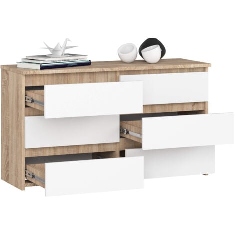 Petite Commode AKORD CL100 Chêne Sonoma 100 cm 6 tiroirs façade Blanche 100x35x57 cm