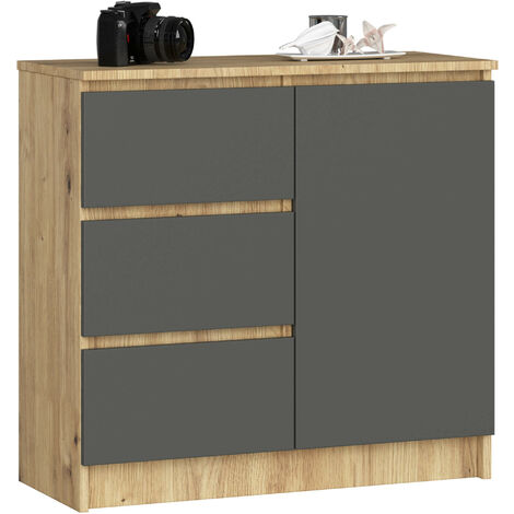 Akord – Commode enfant 80 cm – 1 porte – 3 tiroirs – 2 étagères – Chêne artisan – Façade gris graphite – Dimensions 80x35x77 cm