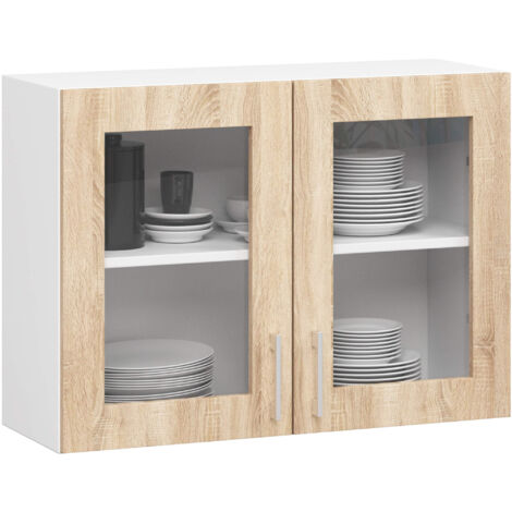 Akord – Vitrine de cuisine blanche 80 cm – 2 portes en chêne sonoma – 2 étagères – Dimensions 80x30,5x58 cm – Panneau stratifié