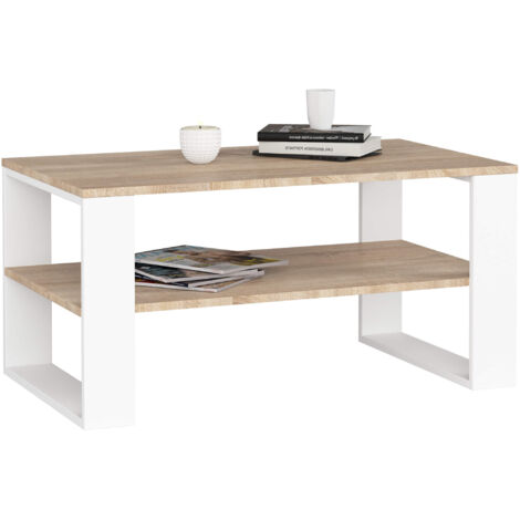 Akord – Table basse fixe chêne sonoma 92 cm – Dimensions 92x53x45 cm – Pieds blancs – Style scandinave et industriel (1/5)