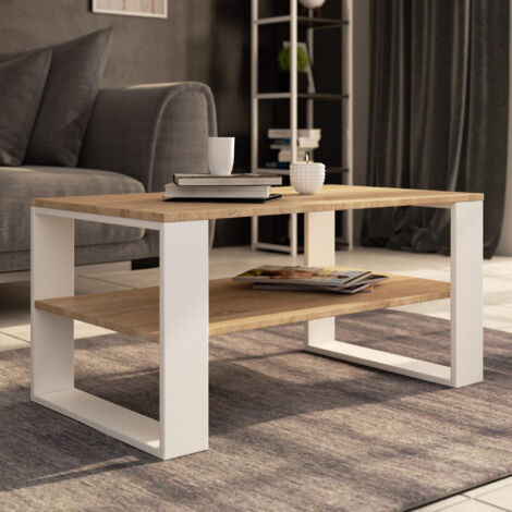 Table Basse DOMI Avec étagère - Design Moderne Chêne Et Pieds Noirs - 92x45x53 Cm