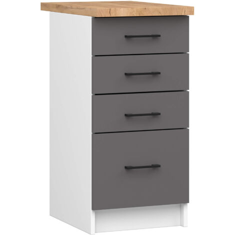 Akord – Armoire de cuisine basse 40 cm – 4 tiroirs – Corps blanc avec façades gris graphite – Panneau stratifié – Dimensions 40x46x85 cm