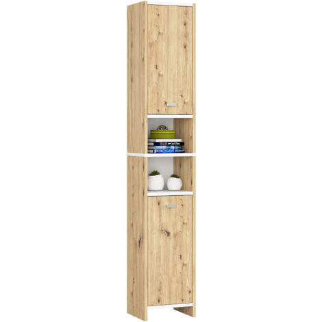 Colonne salle de bain AKORD BETI Chêne Artisan 32 cm 2 portes façade Blanche 4 étagères 32x28x180 cm