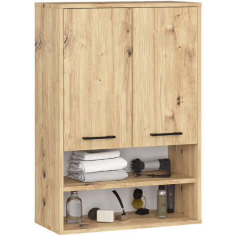 Akord – Armoire murale de salle de bain 64 cm – 2 portes battantes – 4 étagères – Panneau stratifié chêne artisan – Montage mural pour gain d'espace