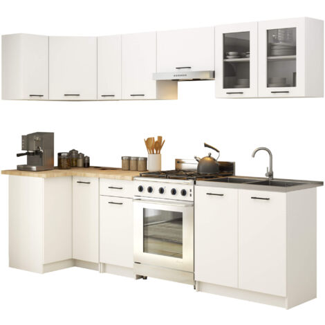 Akord – Ensemble de cuisine modulable vitré blanc 300 cm – 11 portes, 1 tiroir – Panneau stratifié – Hauteur 203 cm, profondeur 46 cm (1/5)