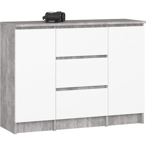 Commode AKORD K100 Béton 101 cm 2 portes 3 tiroirs façade Blanche 4 étagères 101x35x76 cm (1/5)