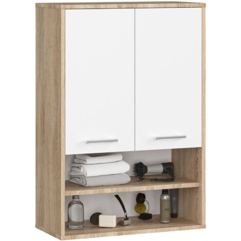 Akord – Armoire salle de bains suspendue – 2 portes – Façade blanche – Chêne Sonoma – 4 étagères – Dimensions 64x30x94 cm