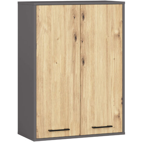 Armoire salle de bains suspendue AKORD FIN Gris Graphite 64 cm 2 portes pleine Chêne Artisan 4 étagères 64x30x94 cm (1/5)