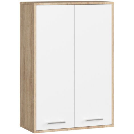 Akord – Armoire salle de bains suspendue – 2 portes battantes – Chêne Sonoma et blanc – 4 étagères – Dimensions 64x30x94 cm (1/5)